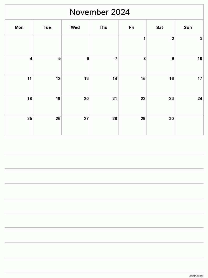 November 2024 Printable Calendar - Half-Page With Notesheet
