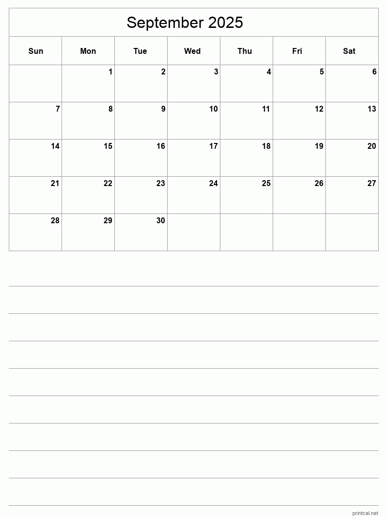 September 2025 Printable Calendar - Half-Page With Notesheet