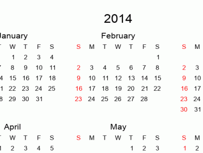 Printable full-year calendars for 2014