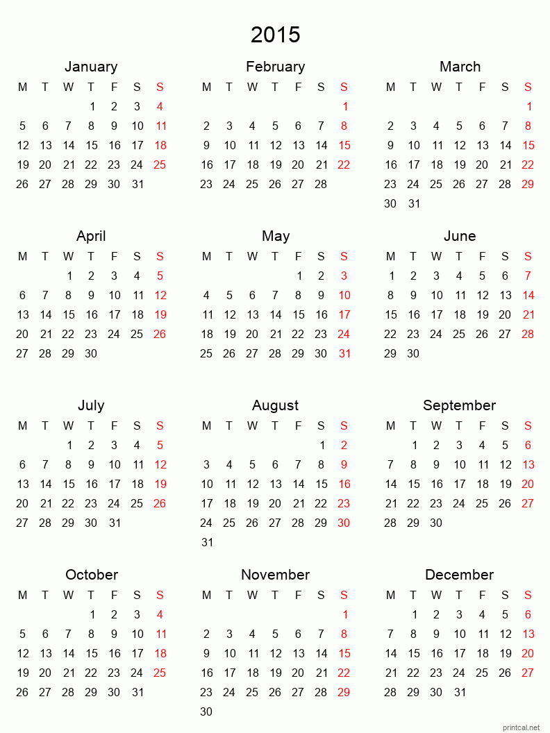 Printable 2015 Calendar - Blank Template #1 (simple, tabular)