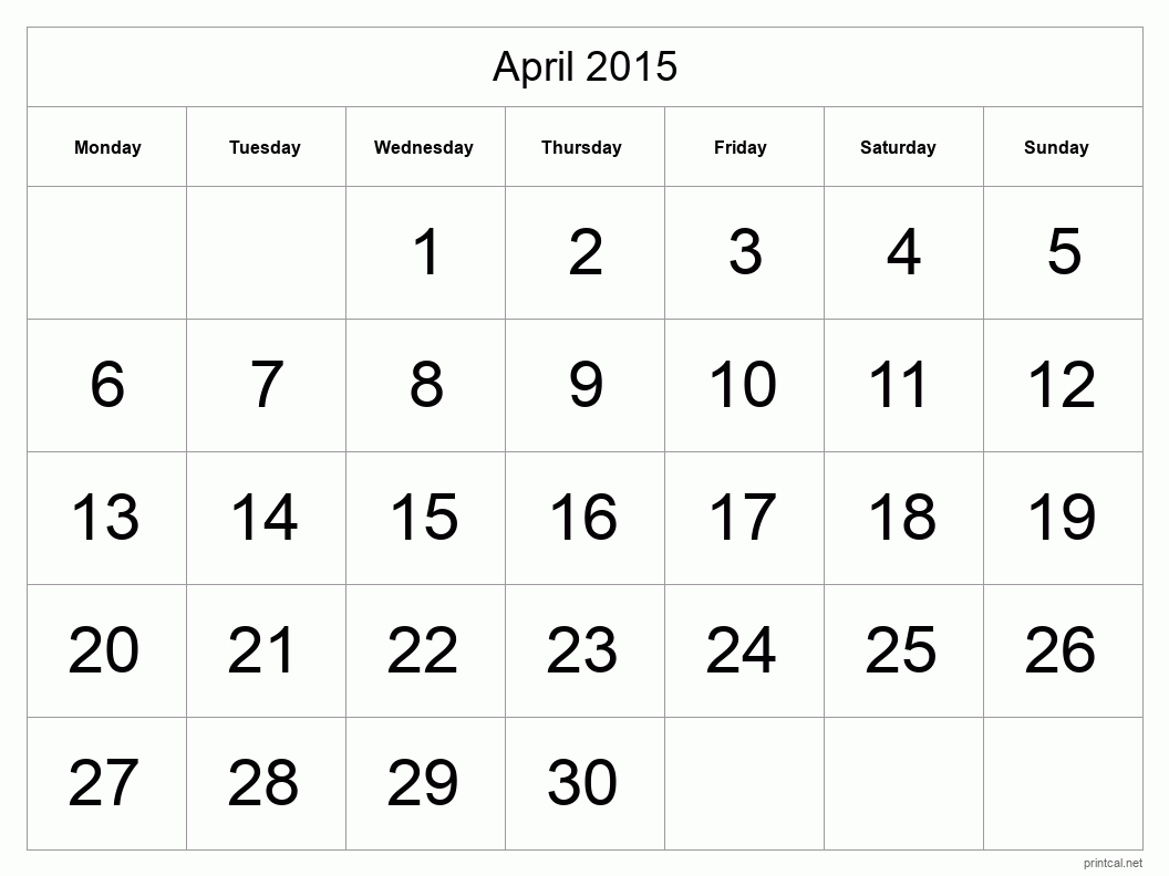 April 2015 Printable Calendar - Big Dates