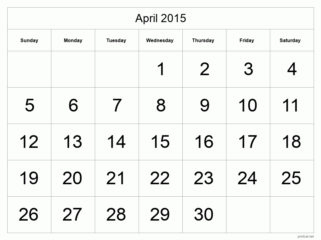 April 2015 Printable Calendar - Big Dates