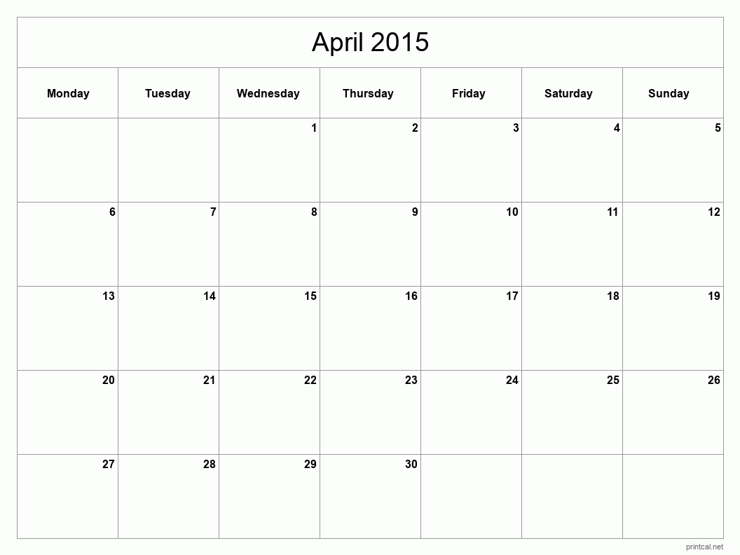 April 2015 Printable Calendar - Classic Blank Sheet