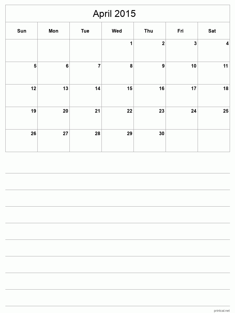 April 2015 Printable Calendar - Half-Page With Notesheet