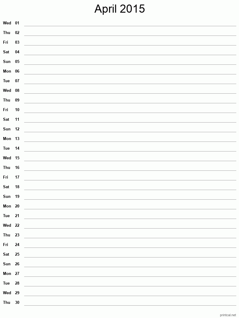 April 2015 Printable Calendar - Single Column Notesheet