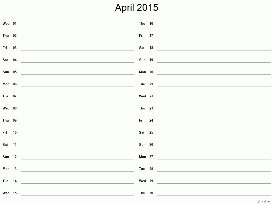April 2015 Printable Calendar - Two Column Notesheet