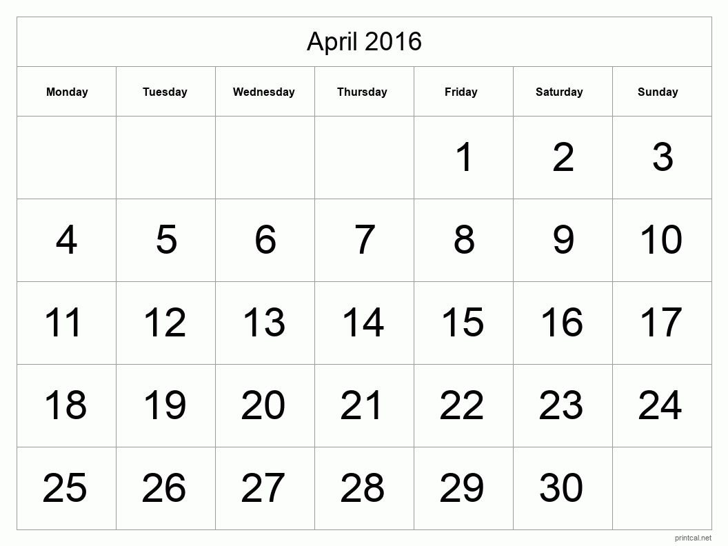 April 2016 Printable Calendar - Big Dates