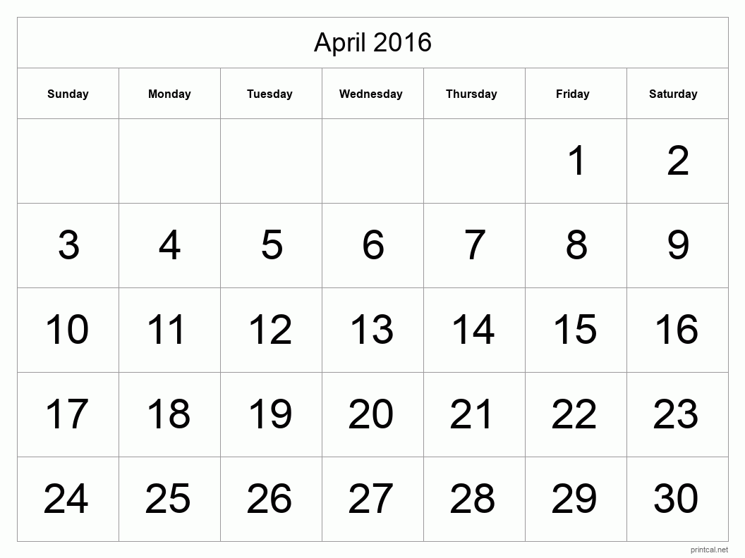 April 2016 Printable Calendar - Big Dates