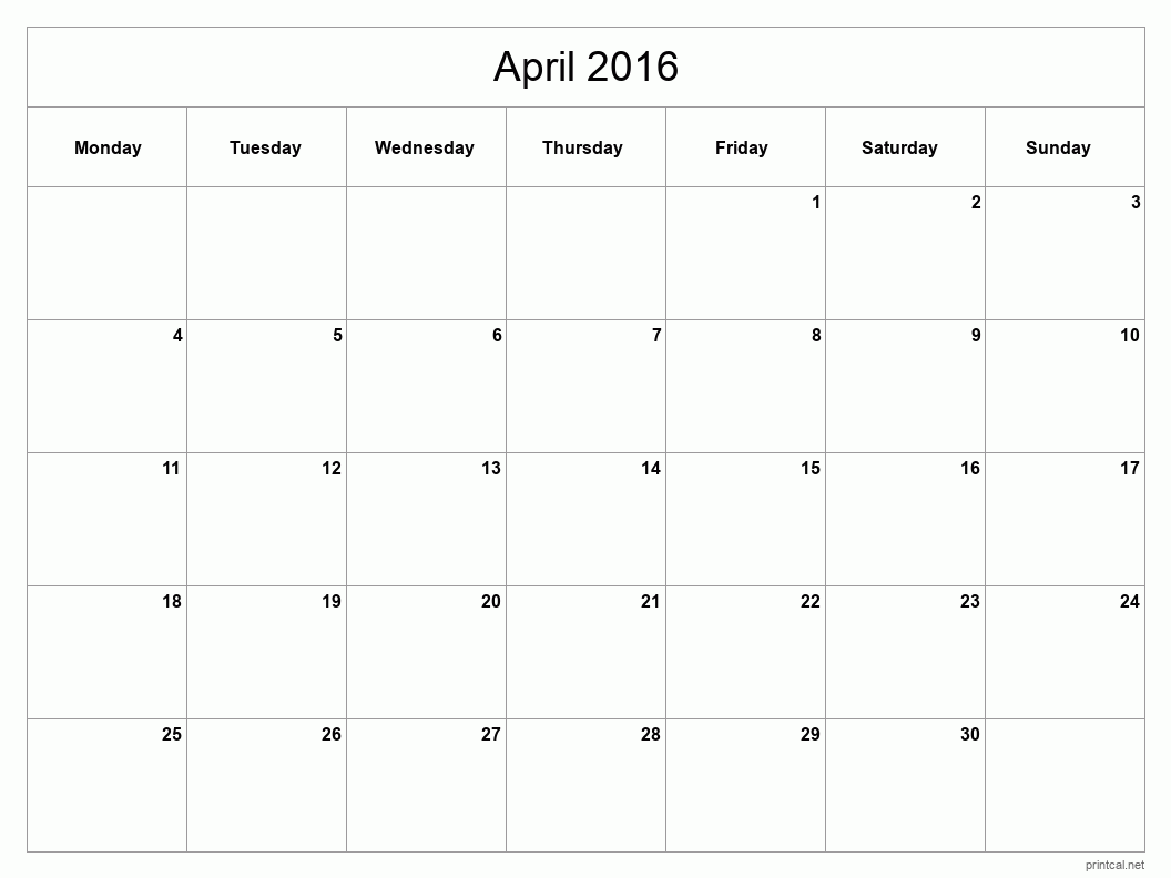 April 2016 Printable Calendar - Classic Blank Sheet