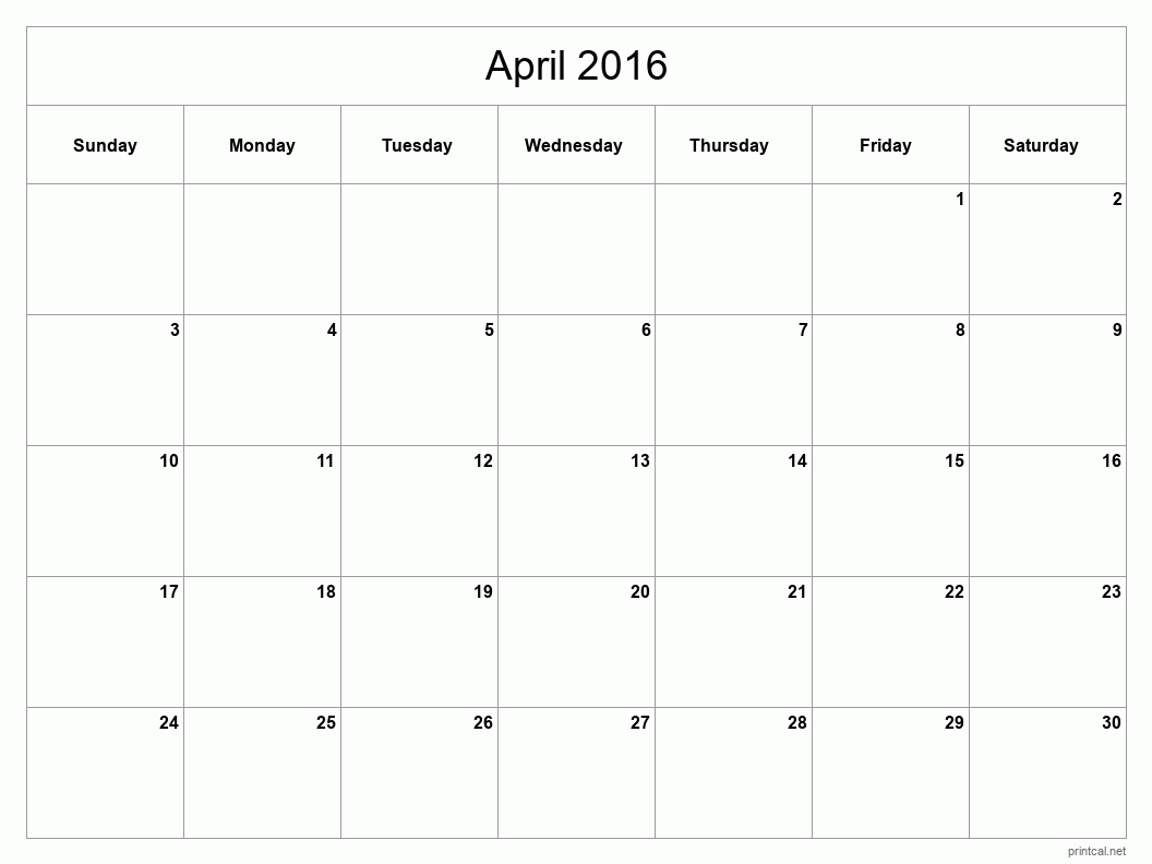 April 2016 Printable Calendar - Classic Blank Sheet