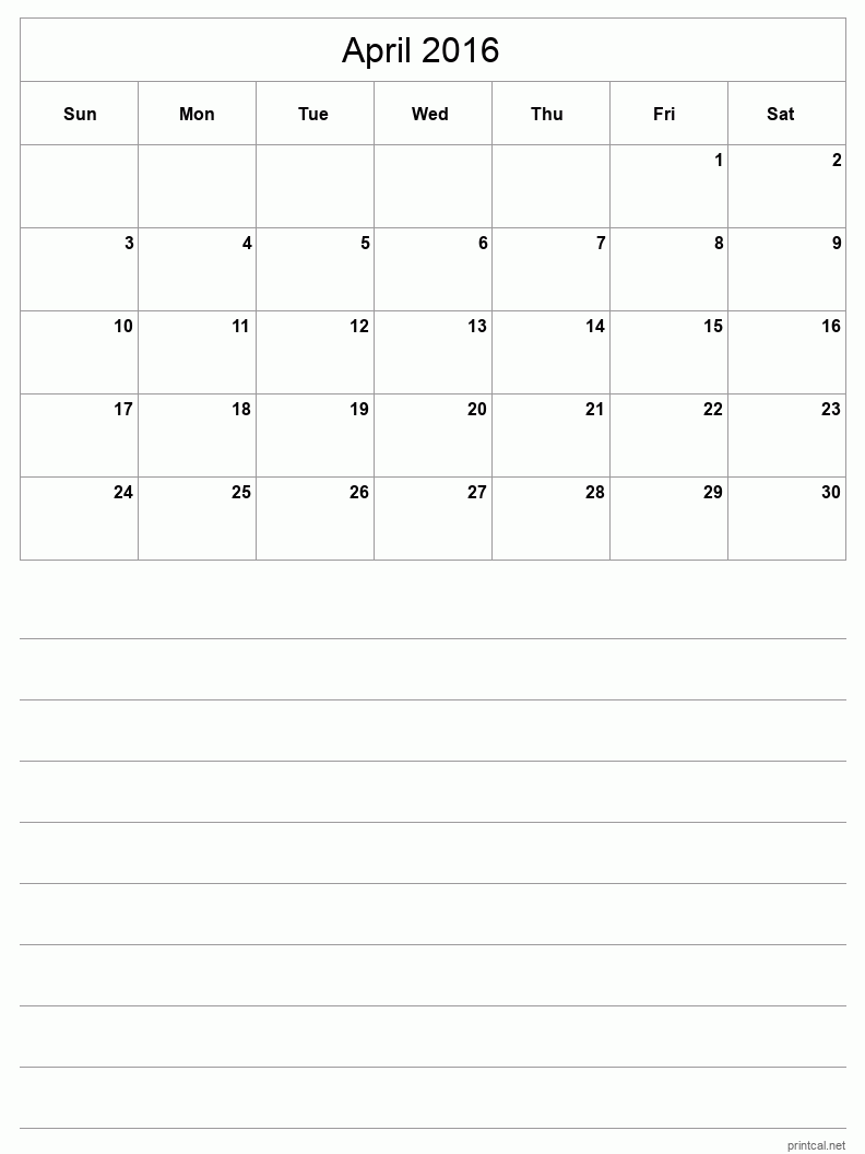 April 2016 Printable Calendar - Half-Page With Notesheet