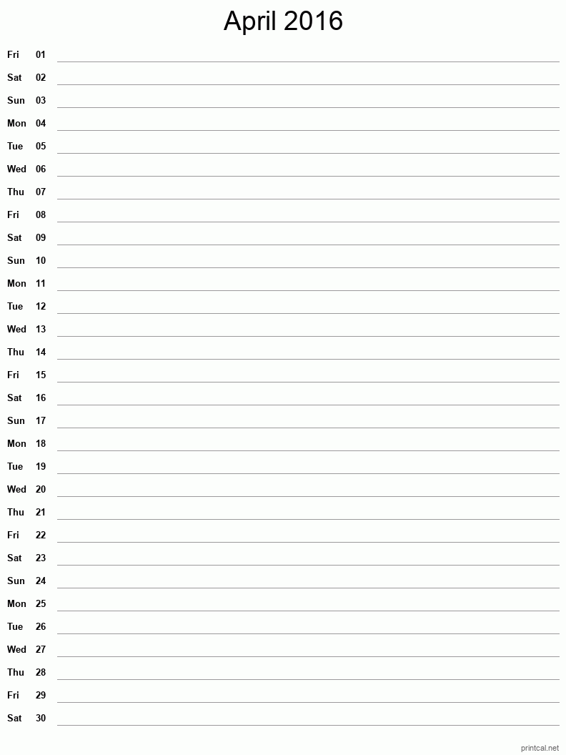 April 2016 Printable Calendar - Single Column Notesheet