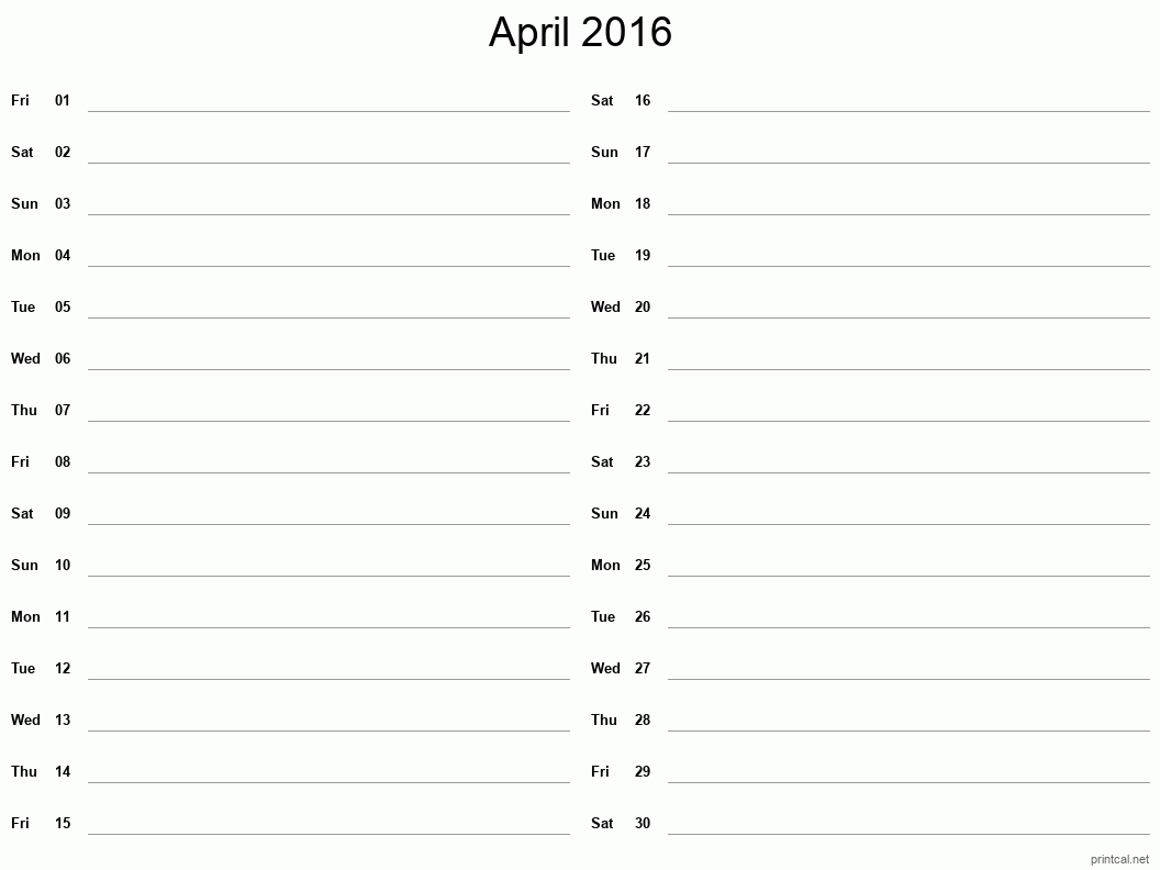 April 2016 Printable Calendar - Two Column Notesheet