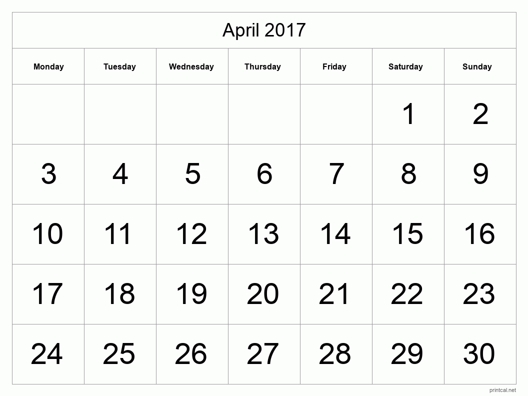 April 2017 Printable Calendar - Big Dates