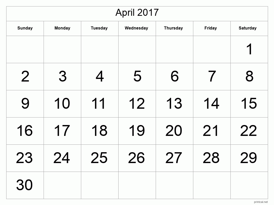 April 2017 Printable Calendar - Big Dates