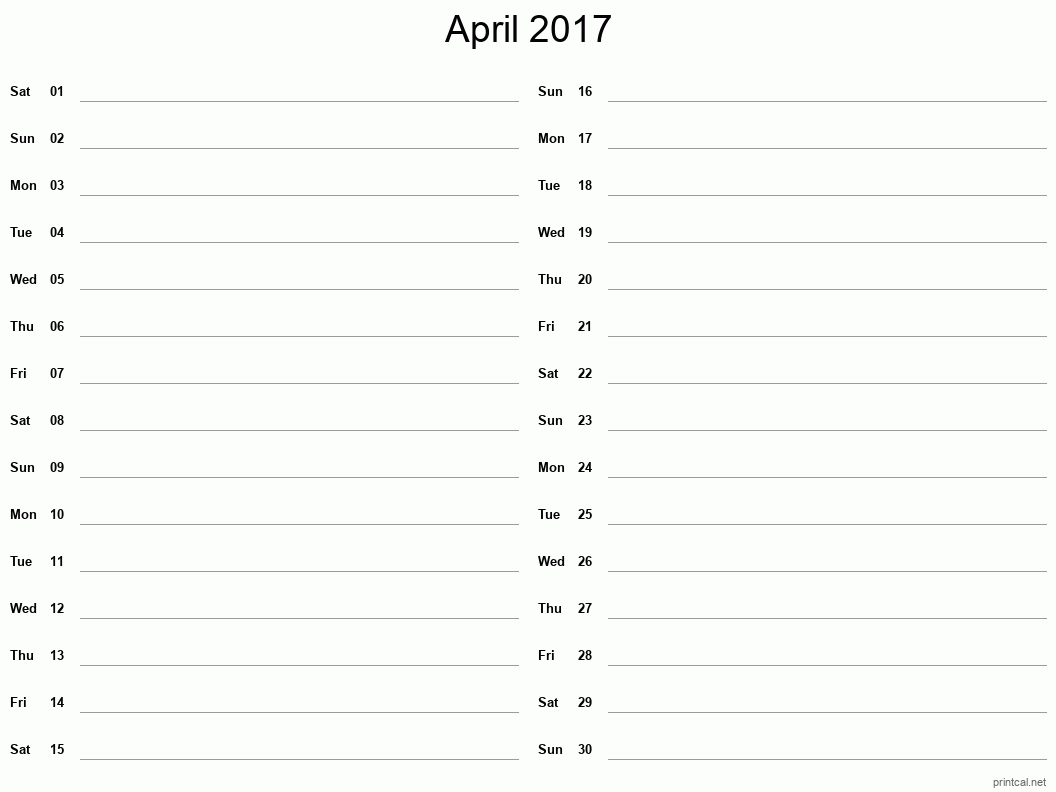 April 2017 Printable Calendar - Two Column Notesheet