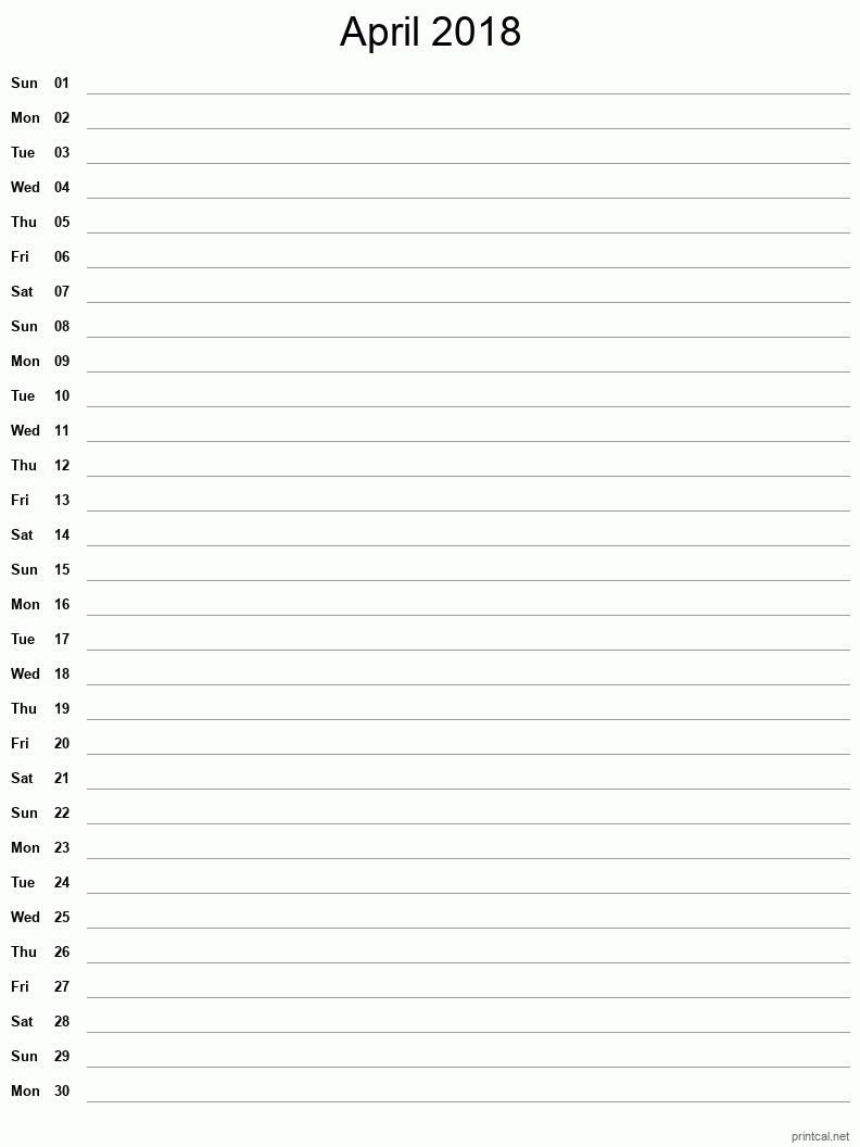 April 2018 Printable Calendar - Single Column Notesheet
