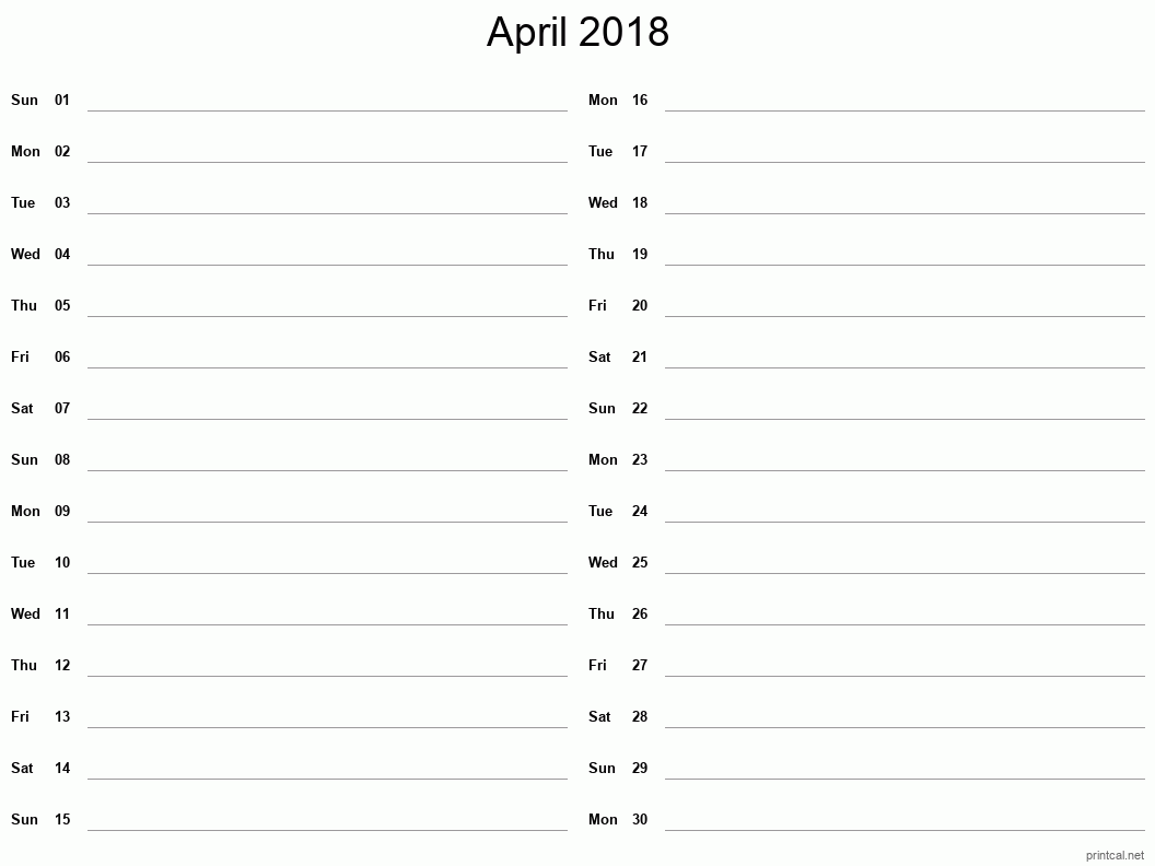 April 2018 Printable Calendar - Two Column Notesheet
