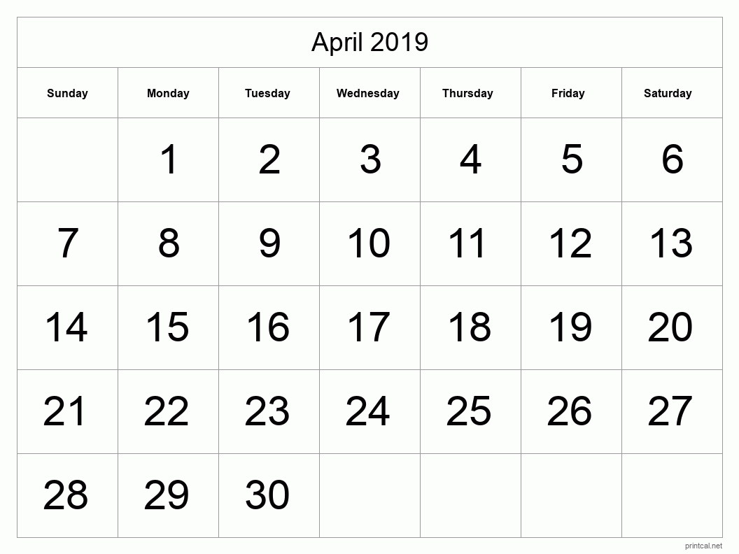 April 2019 Printable Calendar - Big Dates