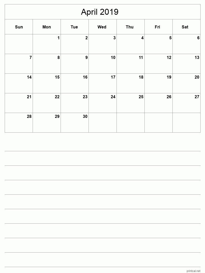 April 2019 Printable Calendar - Half-Page With Notesheet