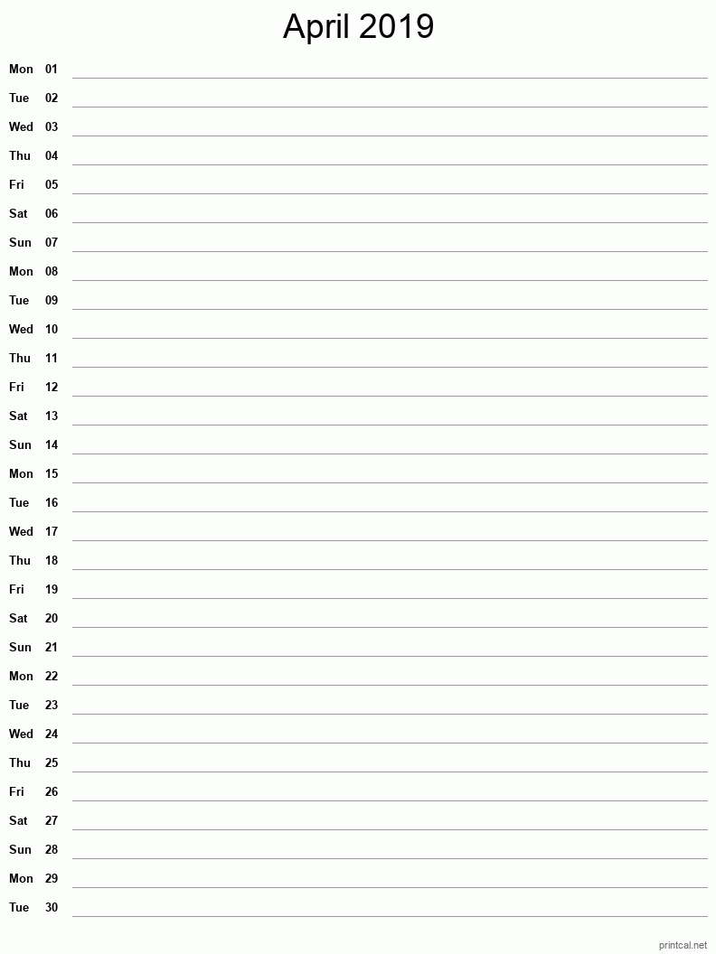 April 2019 Printable Calendar - Single Column Notesheet