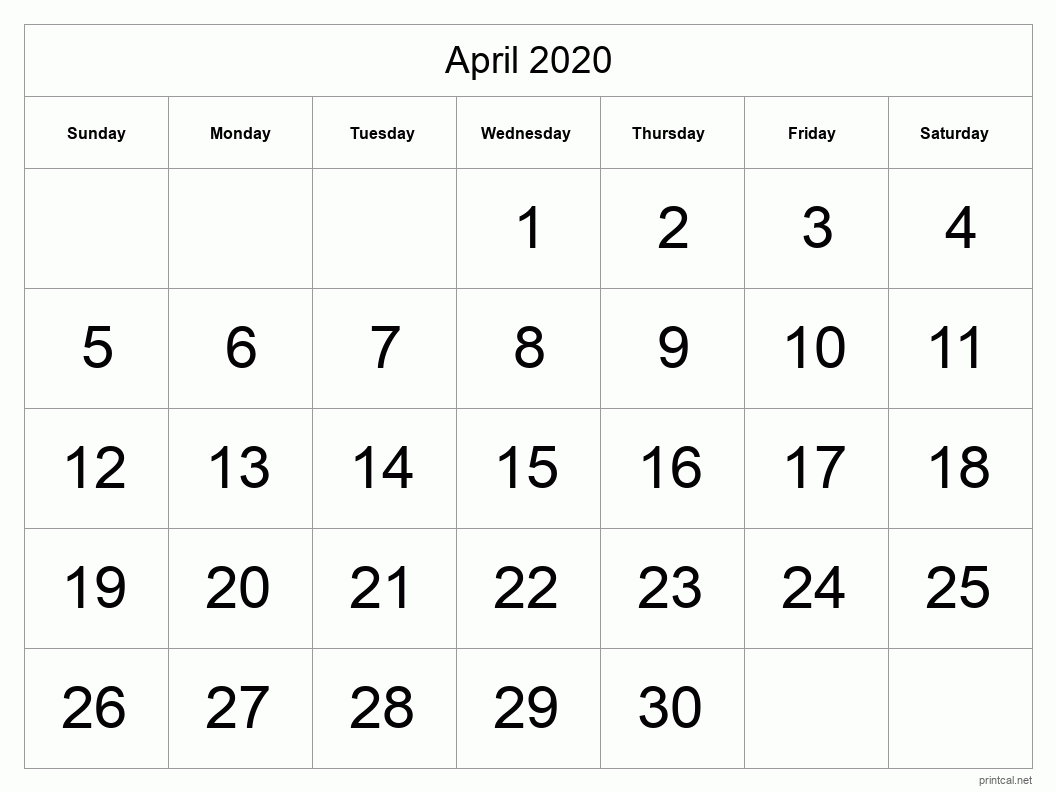 April 2020 Printable Calendar - Big Dates