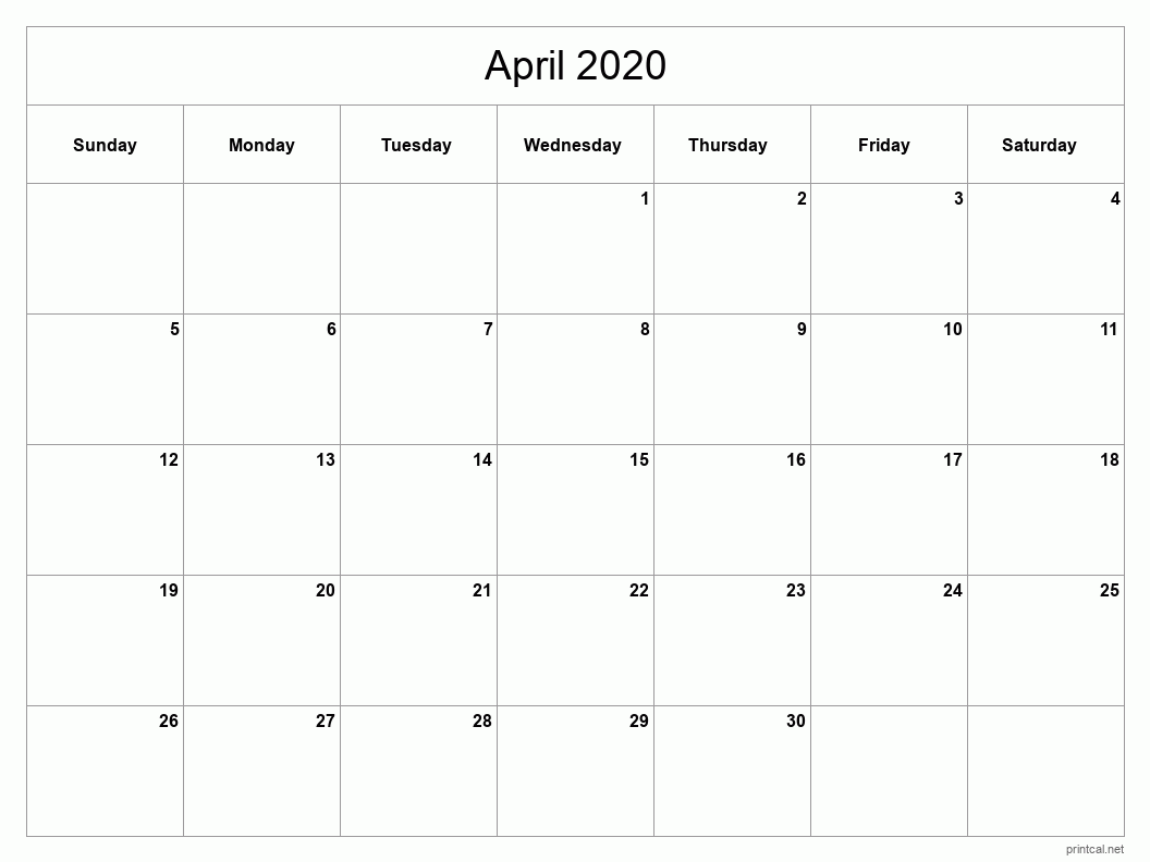 April 2020 Printable Calendar - Classic Blank Sheet