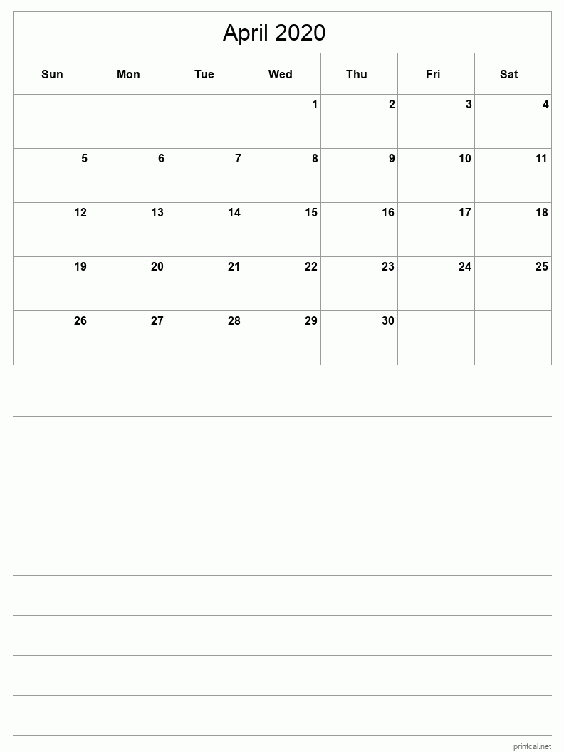 April 2020 Printable Calendar - Half-Page With Notesheet