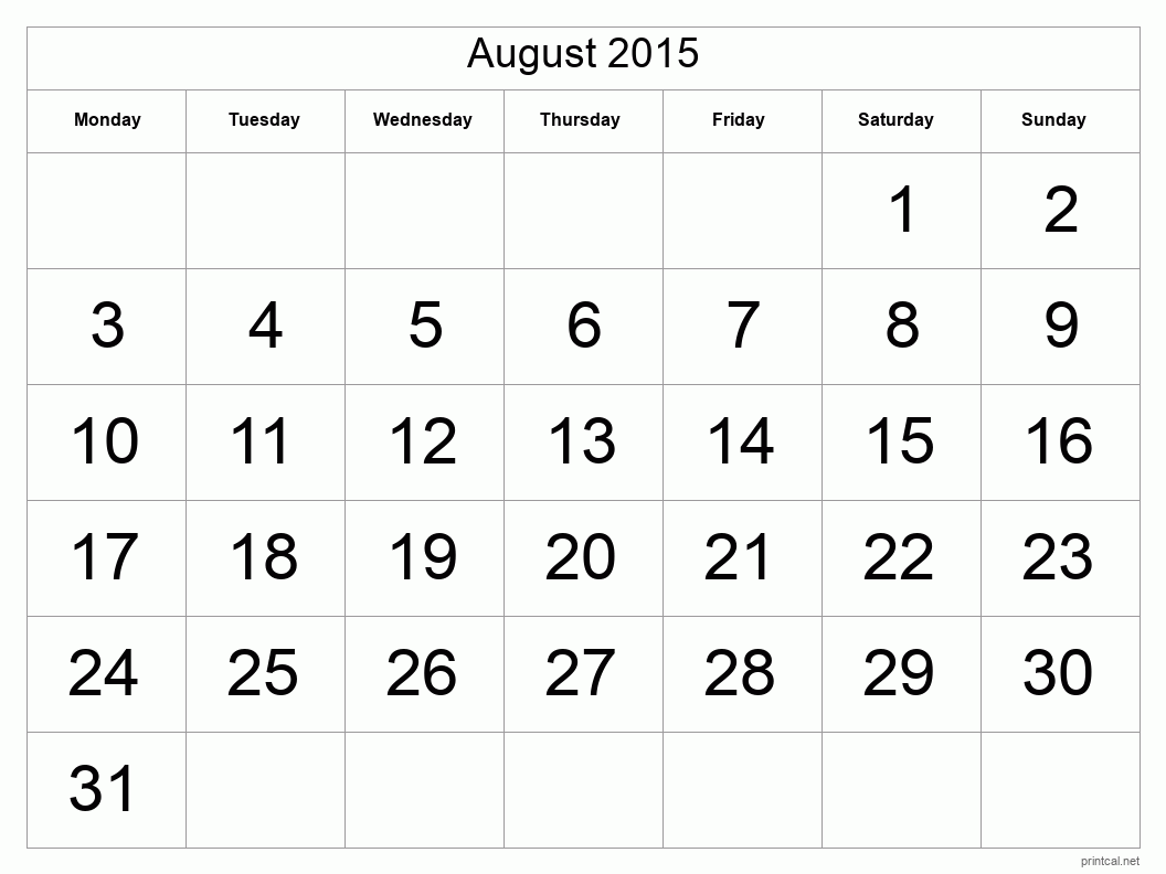 August 2015 Printable Calendar - Big Dates
