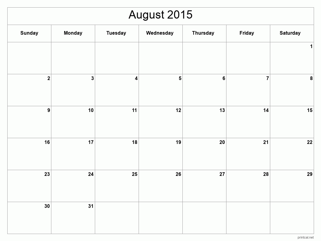 August 2015 Printable Calendar - Classic Blank Sheet