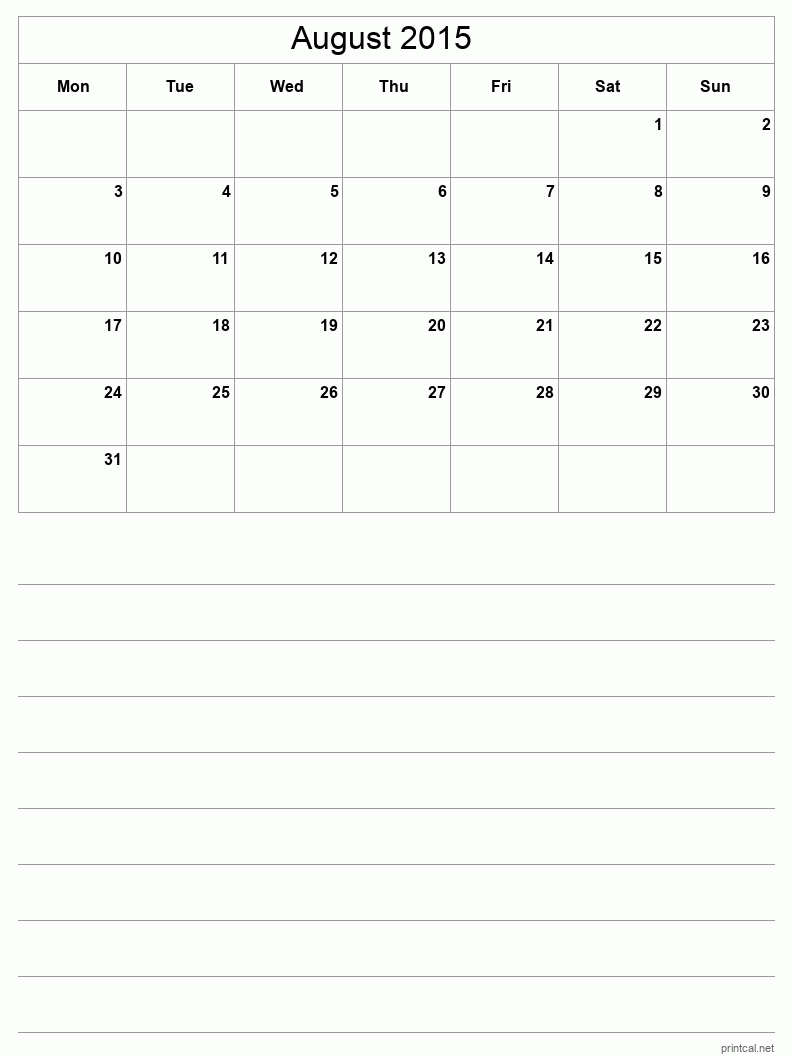 August 2015 Printable Calendar - Half-Page With Notesheet