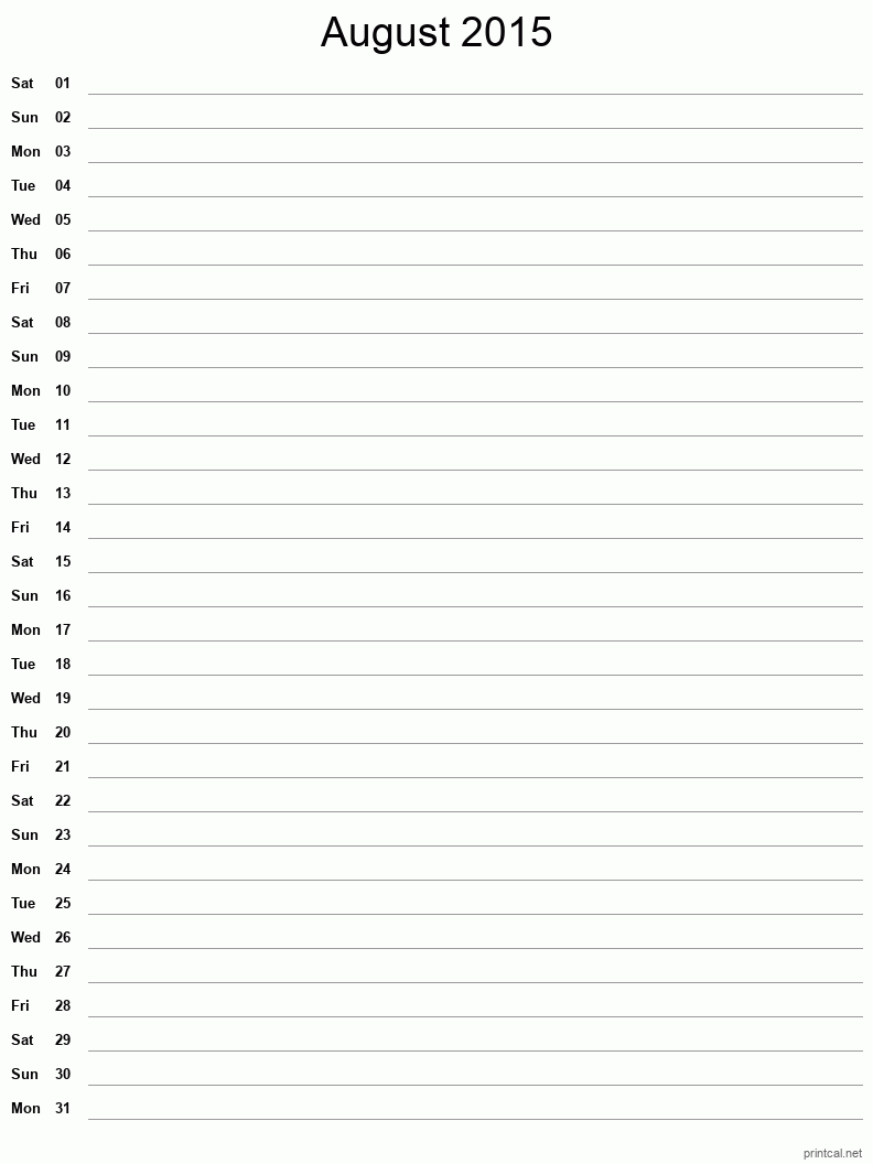 August 2015 Printable Calendar - Single Column Notesheet
