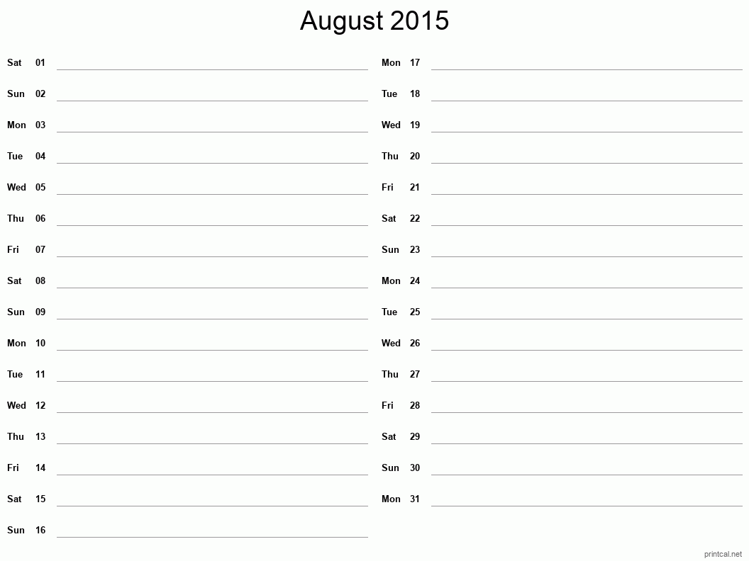 August 2015 Printable Calendar - Two Column Notesheet