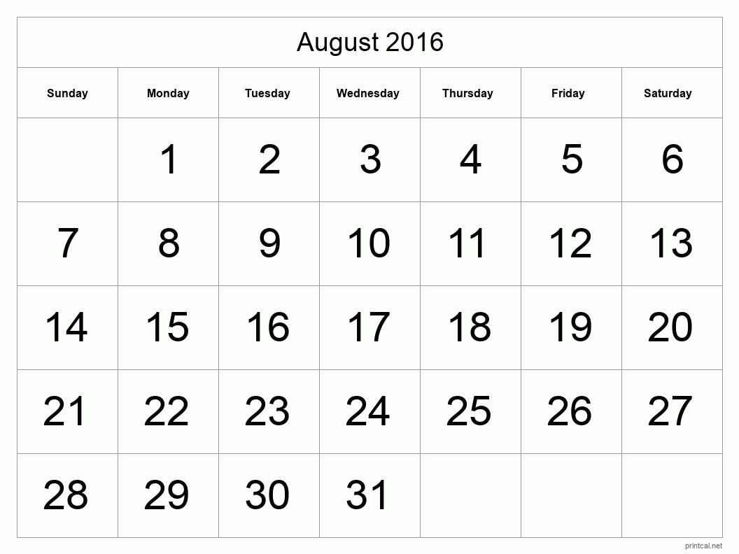 August 2016 Printable Calendar - Big Dates