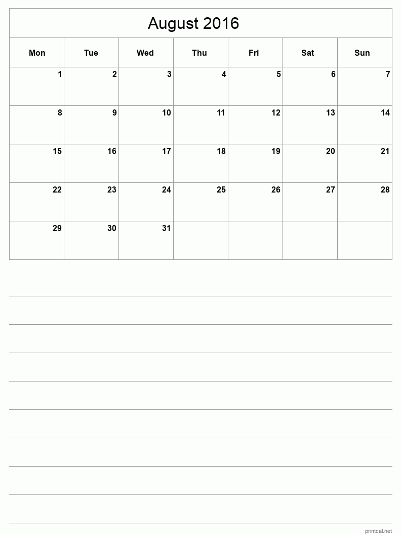 August 2016 Printable Calendar - Half-Page With Notesheet