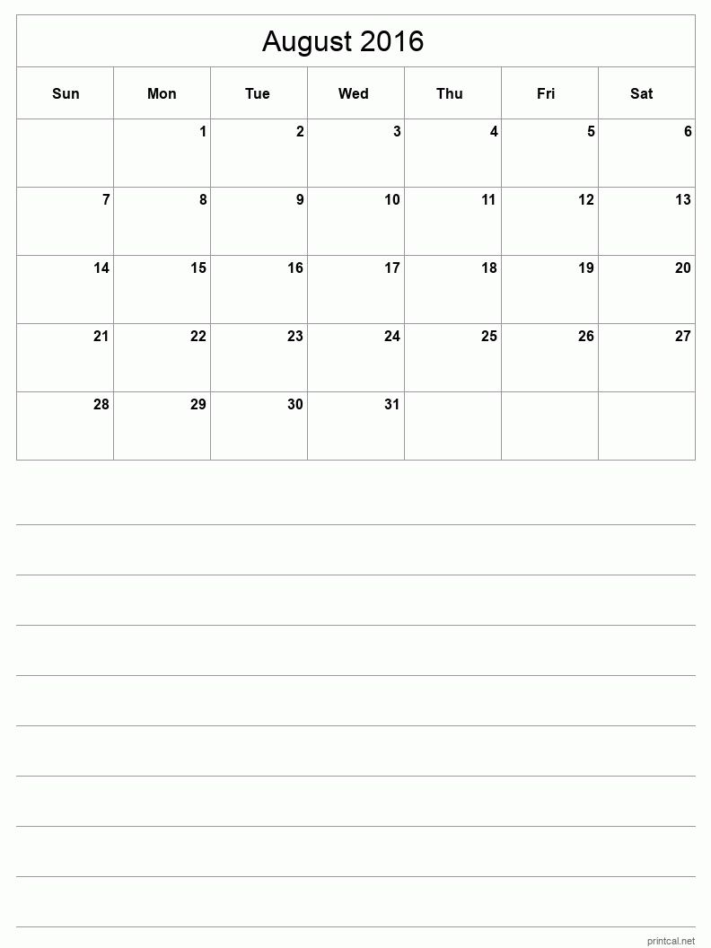 August 2016 Printable Calendar - Half-Page With Notesheet