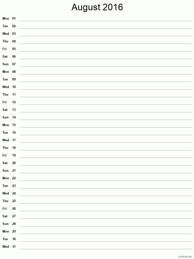 August 2016 Printable Calendar - Single Column Notesheet