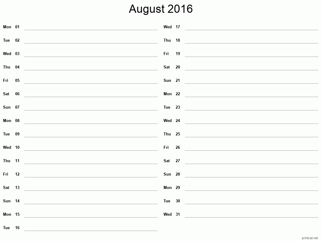August 2016 Printable Calendar - Two Column Notesheet