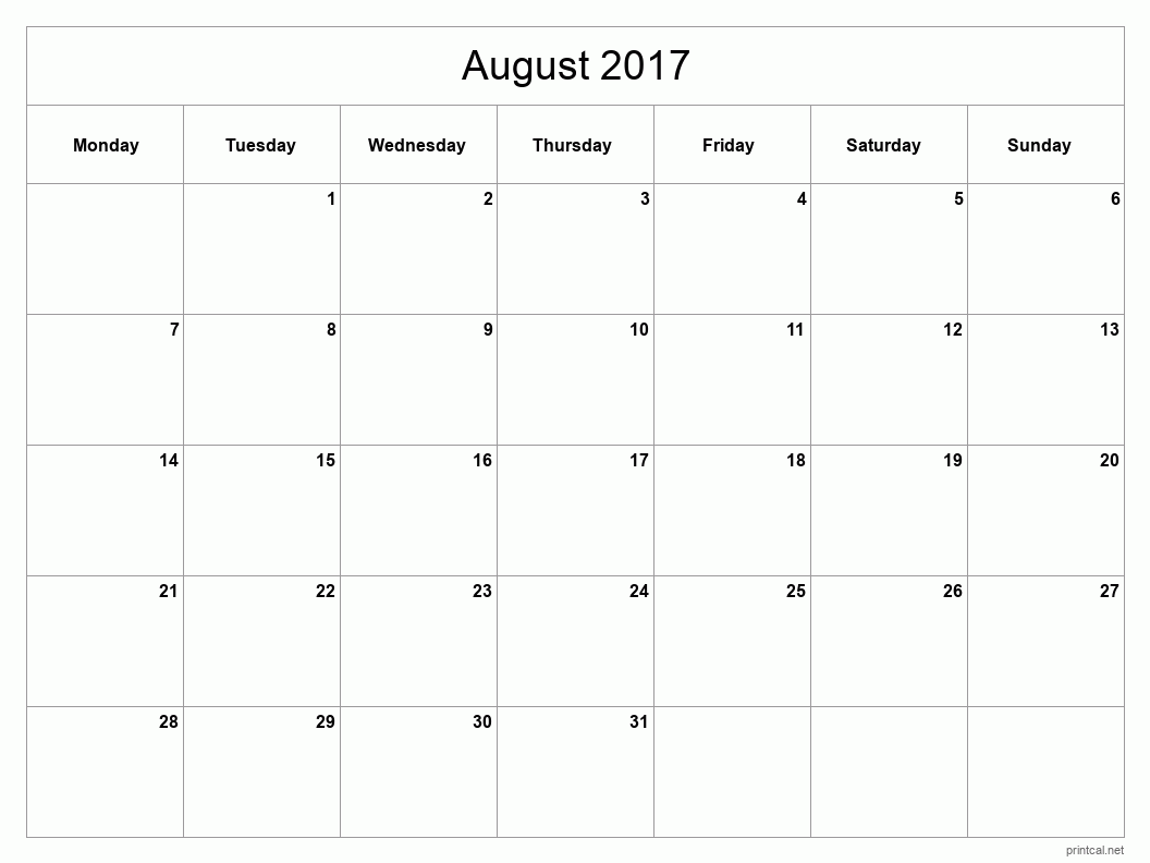 August 2017 Printable Calendar - Classic Blank Sheet