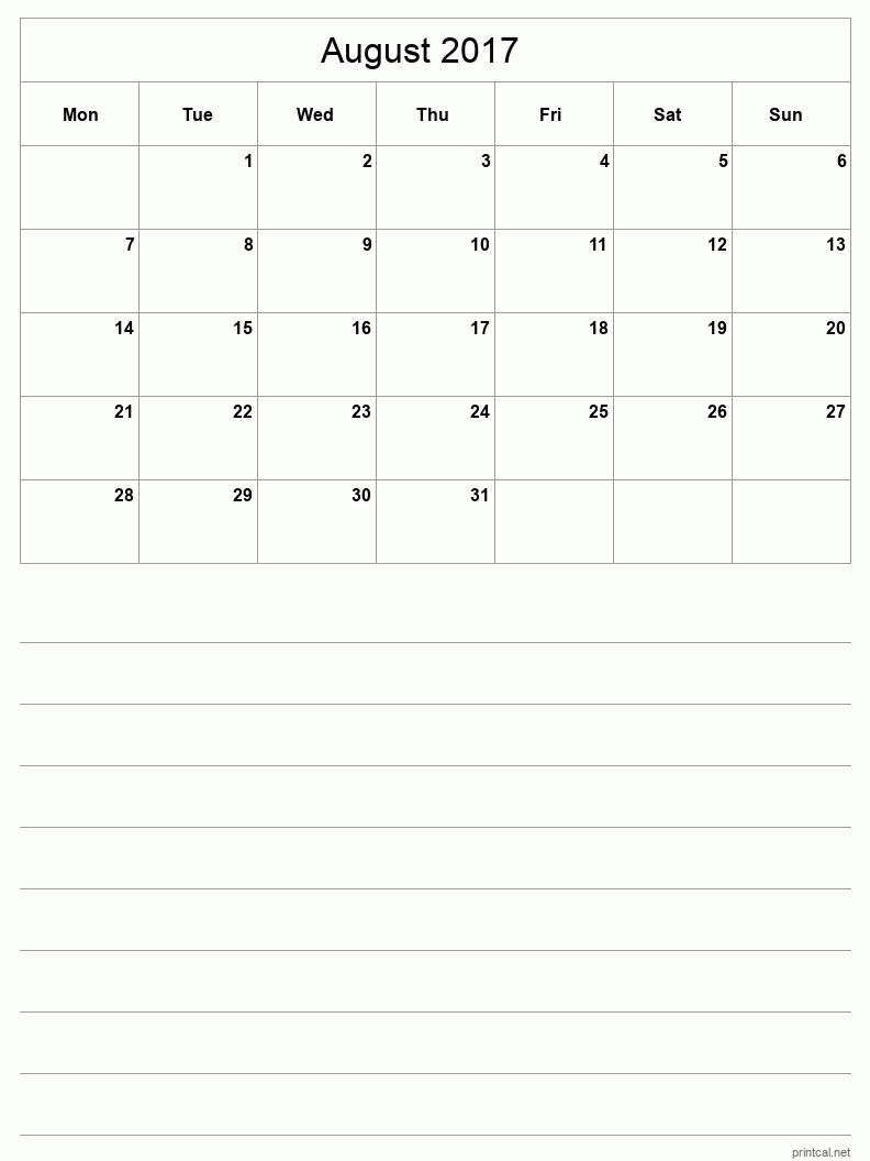 August 2017 Printable Calendar - Half-Page With Notesheet