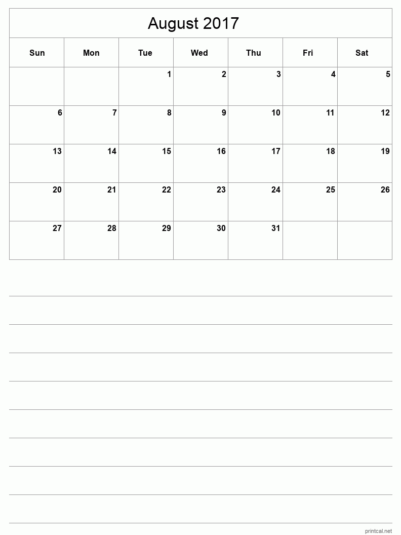 August 2017 Printable Calendar - Half-Page With Notesheet