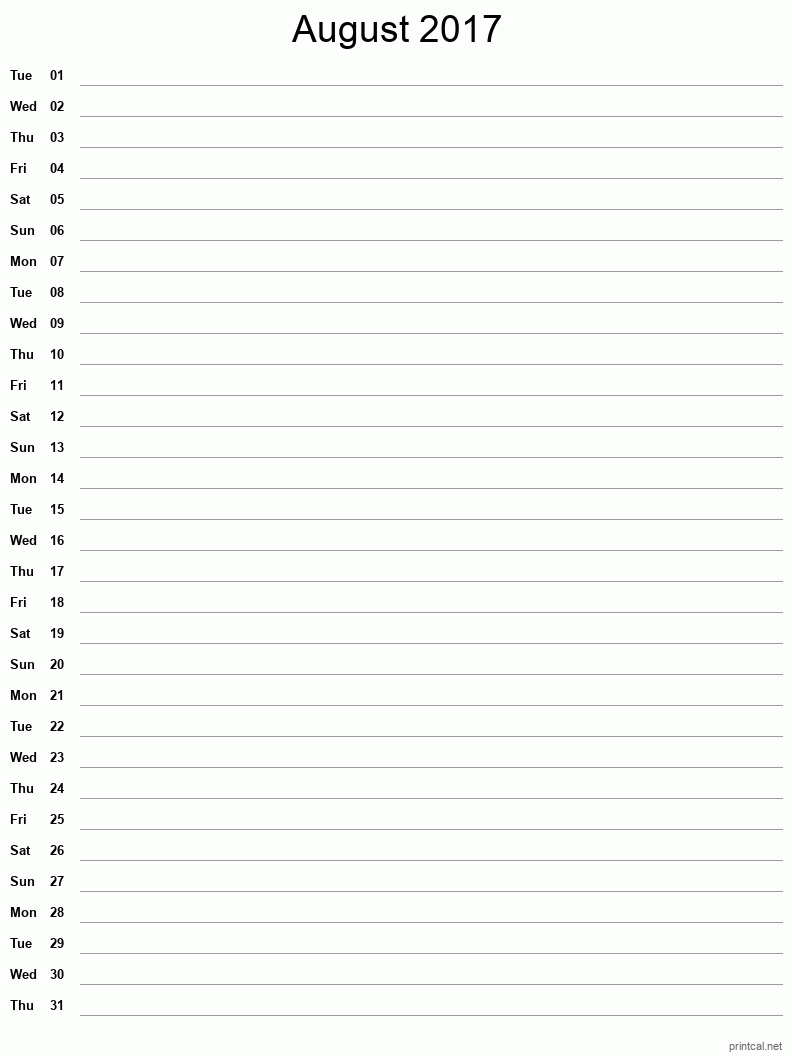 August 2017 Printable Calendar - Single Column Notesheet