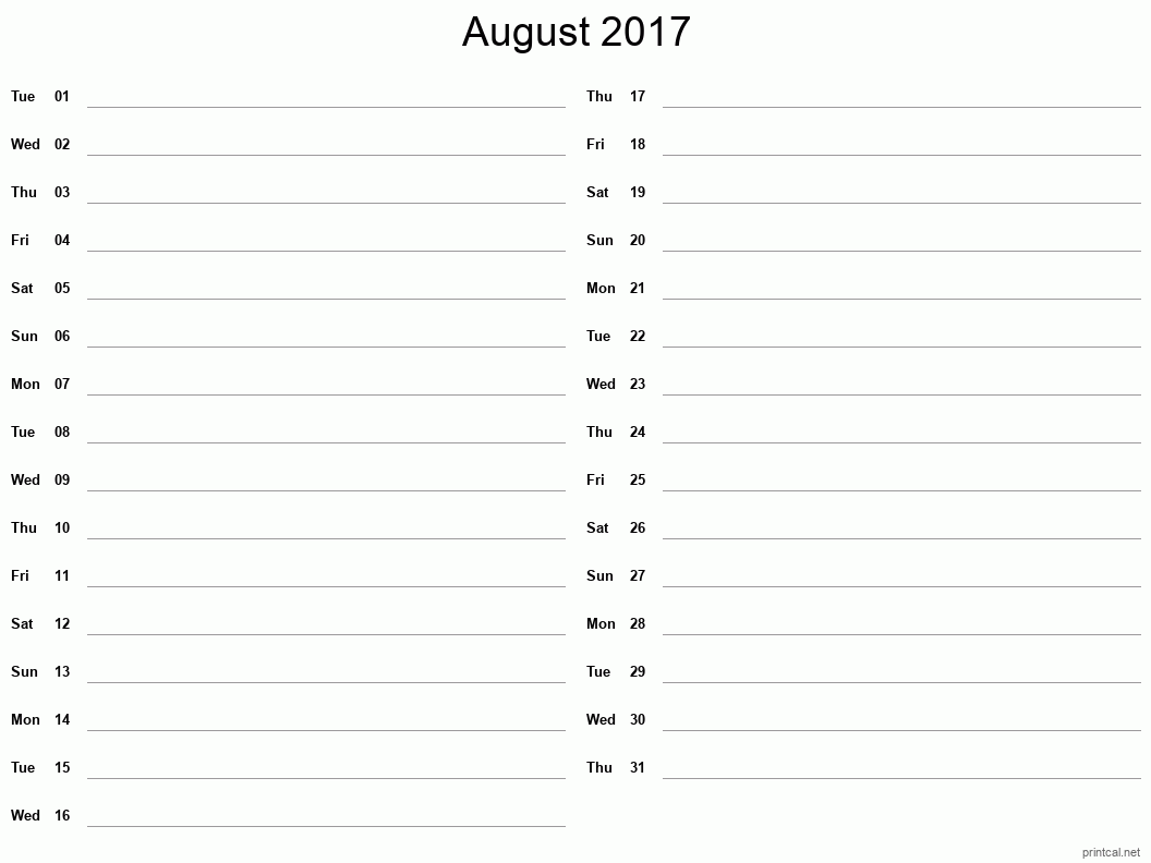 August 2017 Printable Calendar - Two Column Notesheet