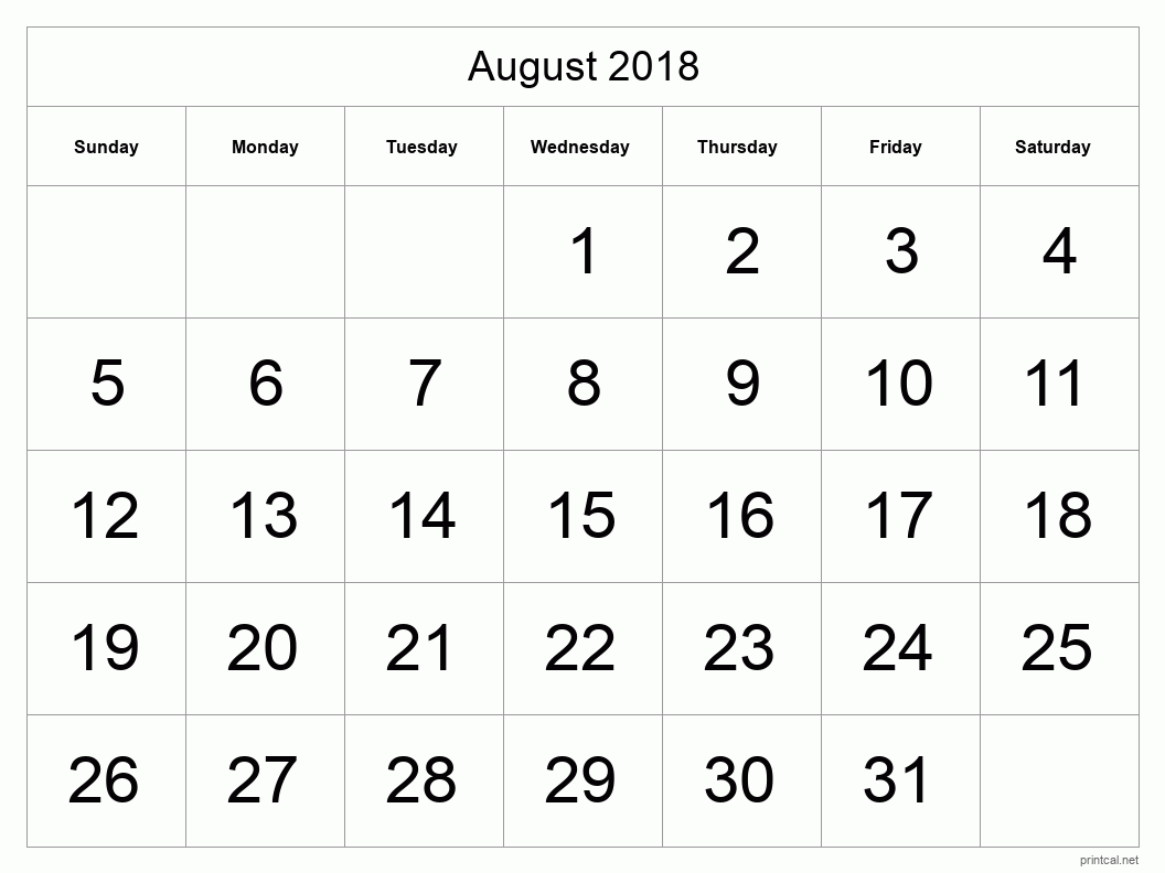 August 2018 Printable Calendar - Big Dates
