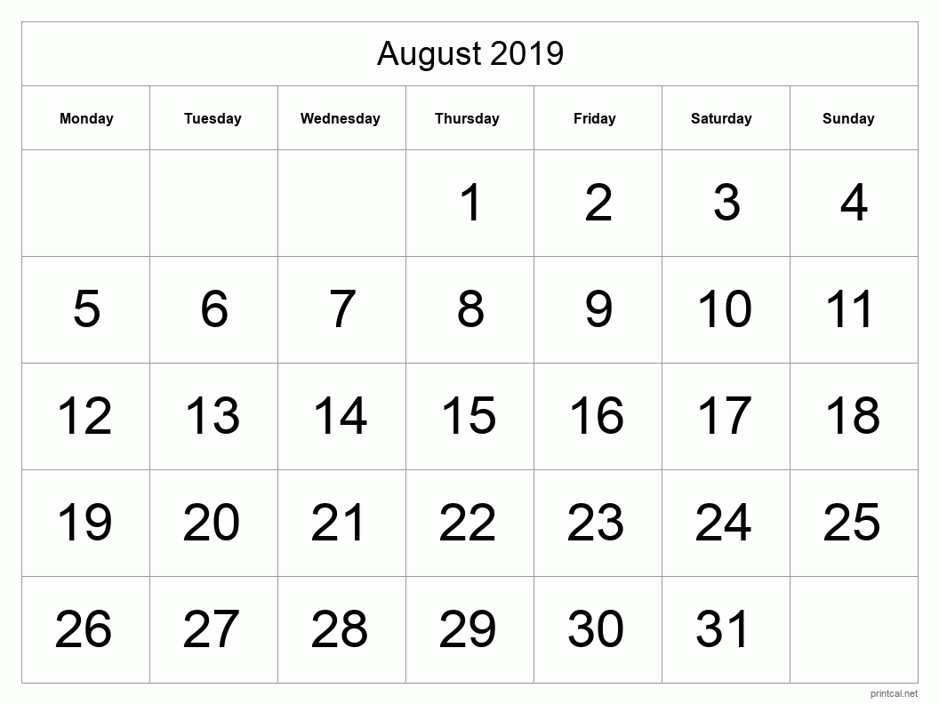 August 2019 Printable Calendar - Big Dates