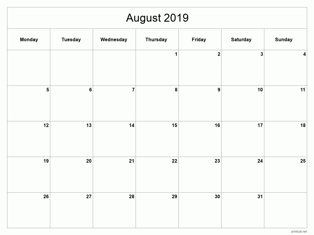 August 2019 Printable Calendar - Classic Blank Sheet