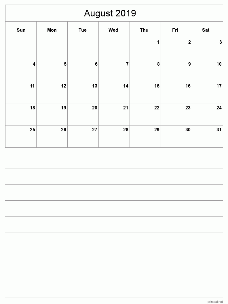 August 2019 Printable Calendar - Half-Page With Notesheet