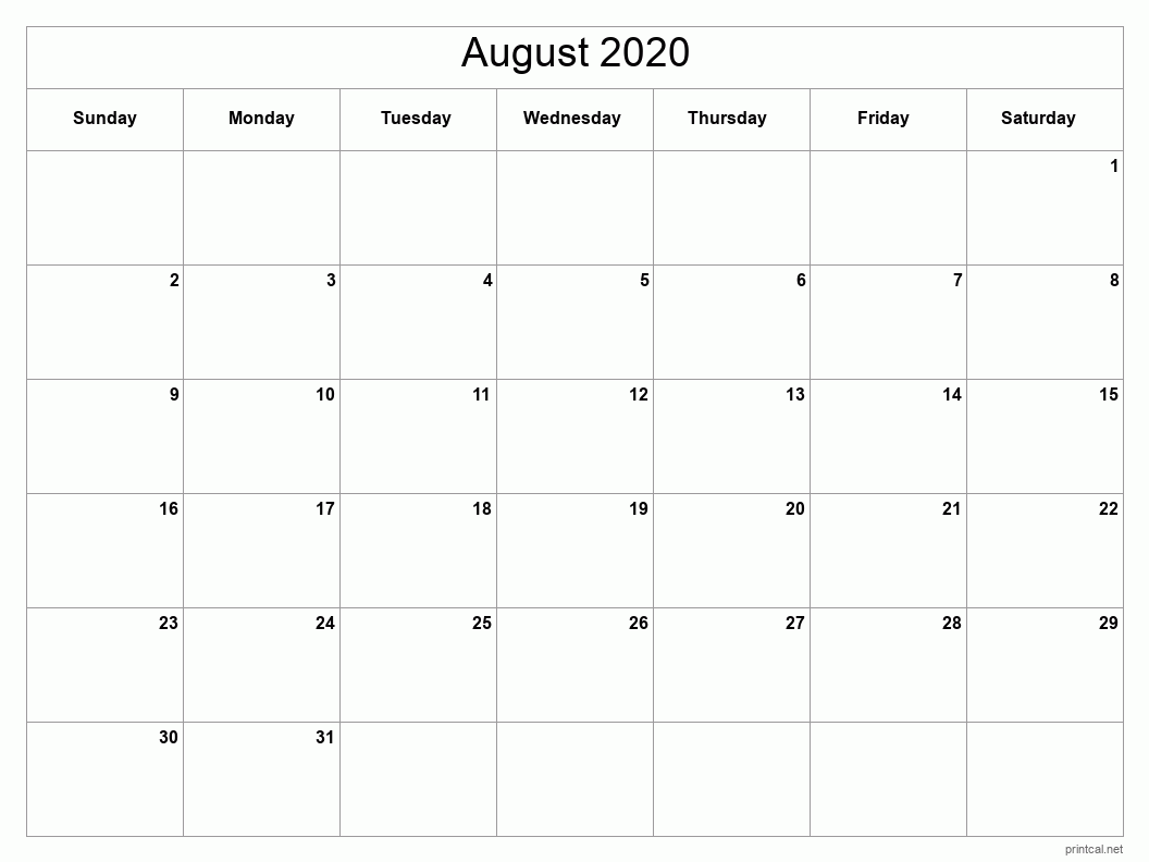 August 2020 Printable Calendar - Classic Blank Sheet