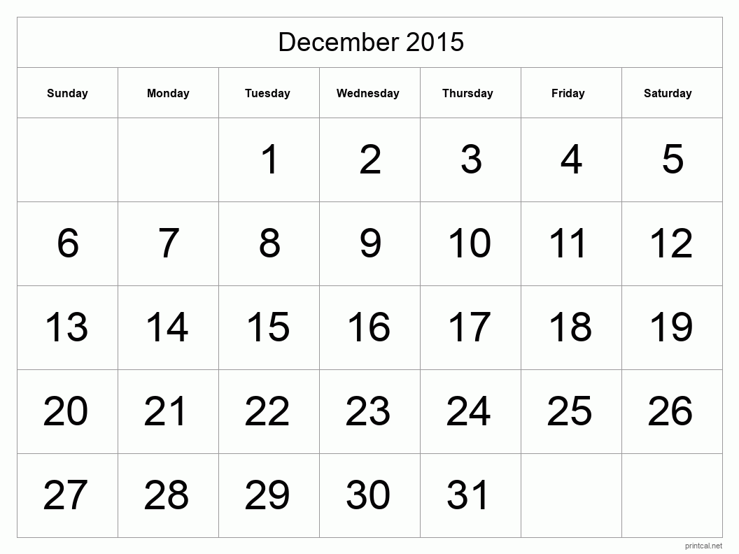 December 2015 Printable Calendar - Big Dates