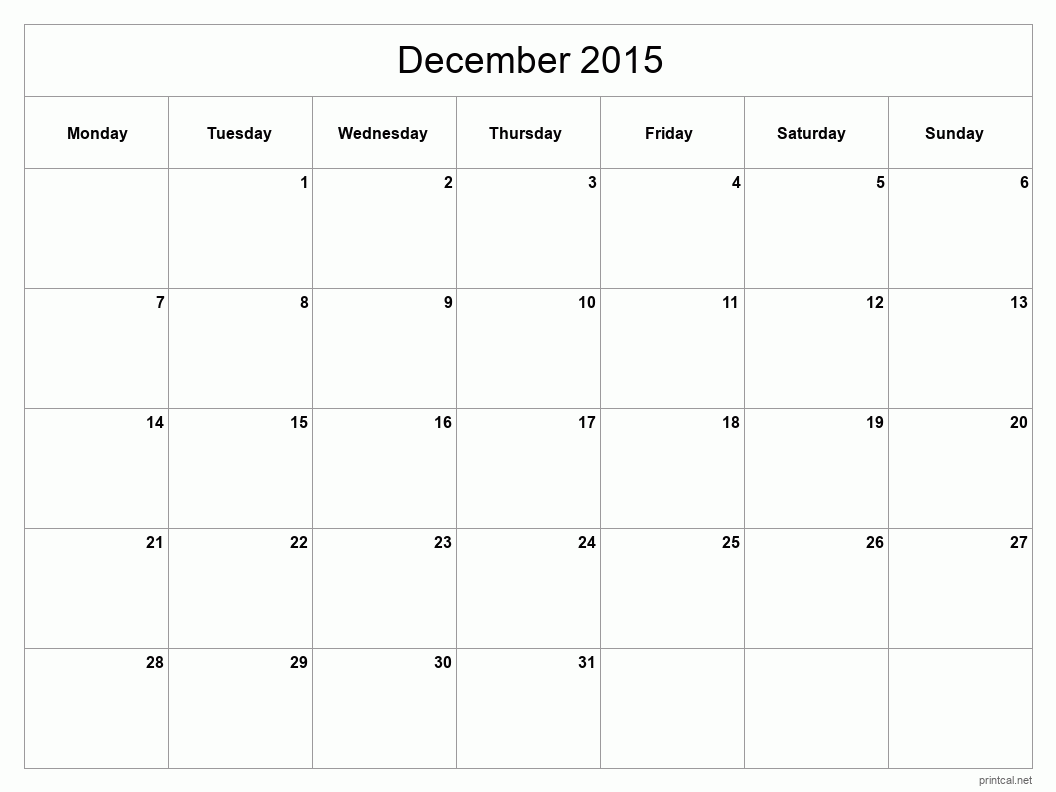 December 2015 Printable Calendar - Classic Blank Sheet